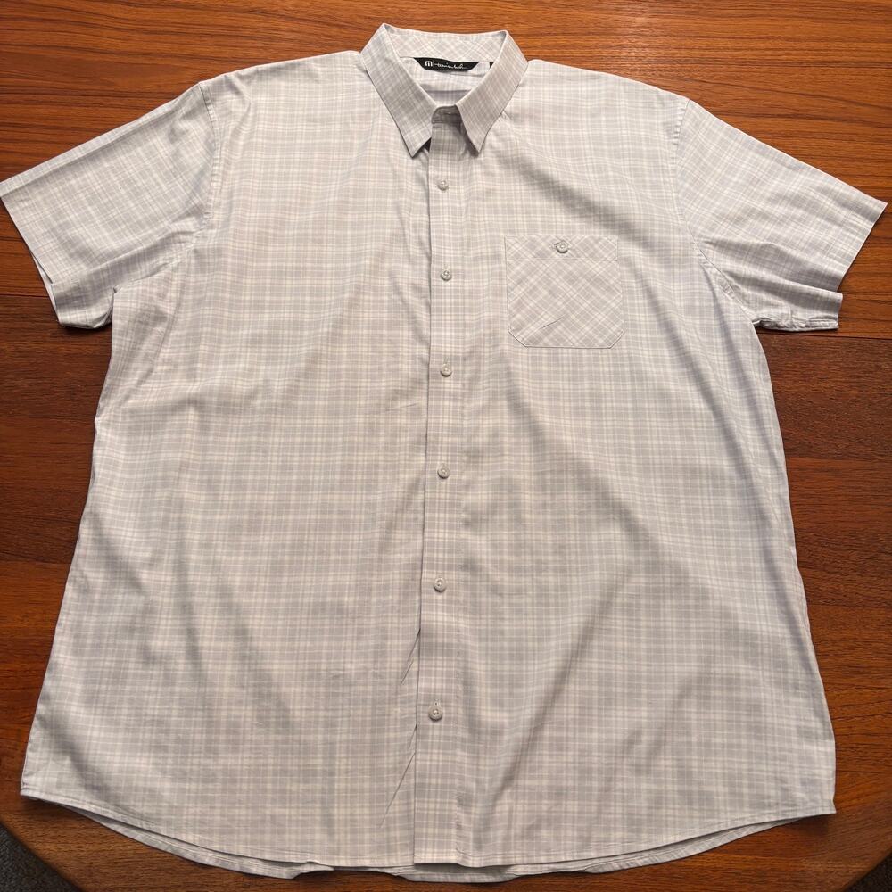 Travis Mathew Men's Gray White Plaid Short Sleeve Button Down Shirt XXL